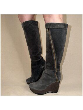 Jil Sander Charcoal Gray Suede Knee-High Platform Wedge Boots Marked 38